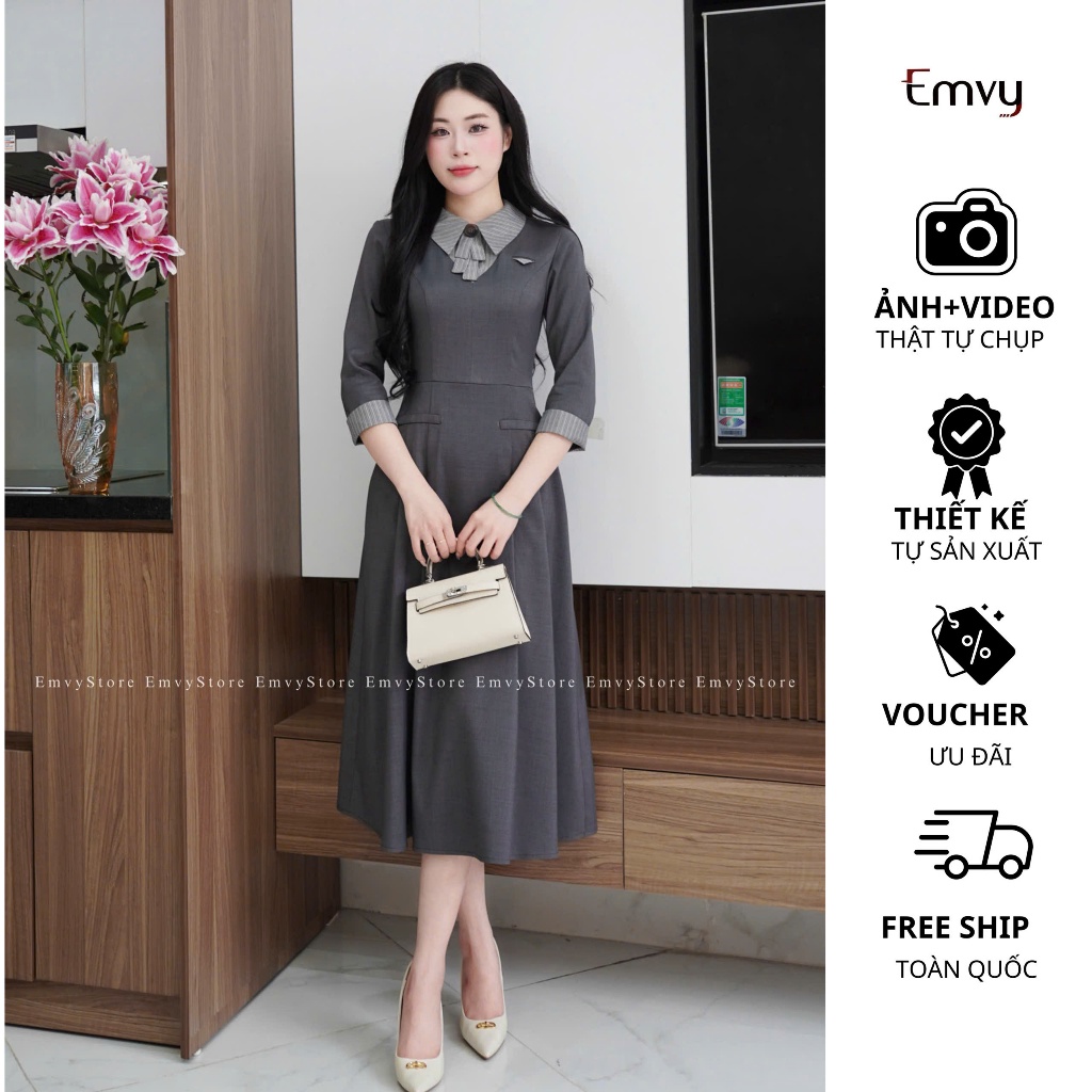 Đầm công sở dáng dài phối cổ sơ mi thiêt kế sang trọng Emvy Fashion K76