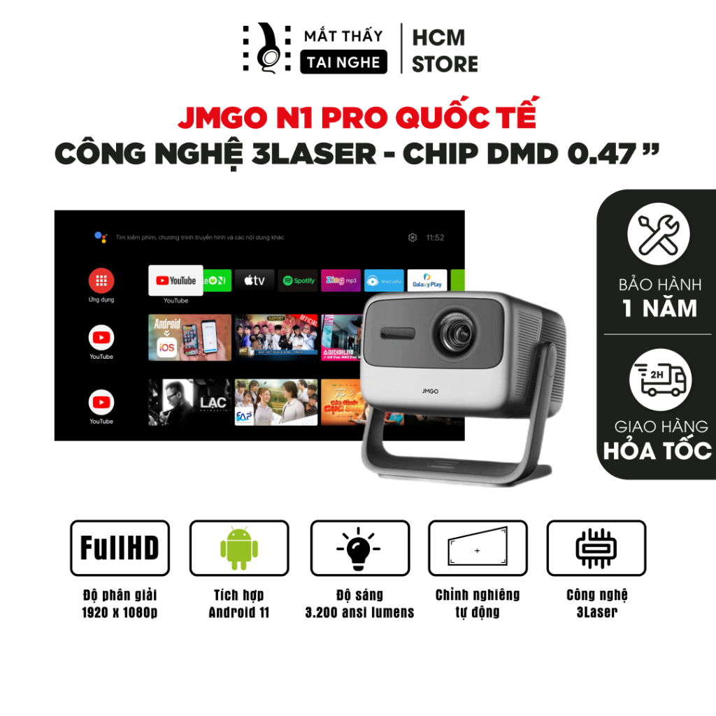 JMGO N1 Pro Quốc tế - Máy chiếu thông minh tích hợp Android TV 11, độ phân giải Full HD 1920x1080p, 
