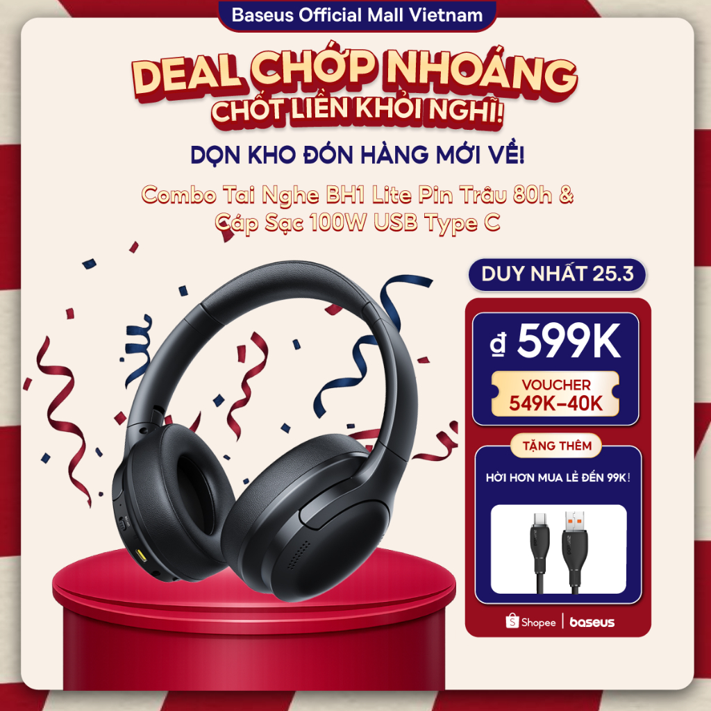 Tai Nghe Baseus Bass BH1 Lite Bluetooth 6.0 App Thông Minh Chống Ồn ENC Chơi Nhạc 80 Giờ