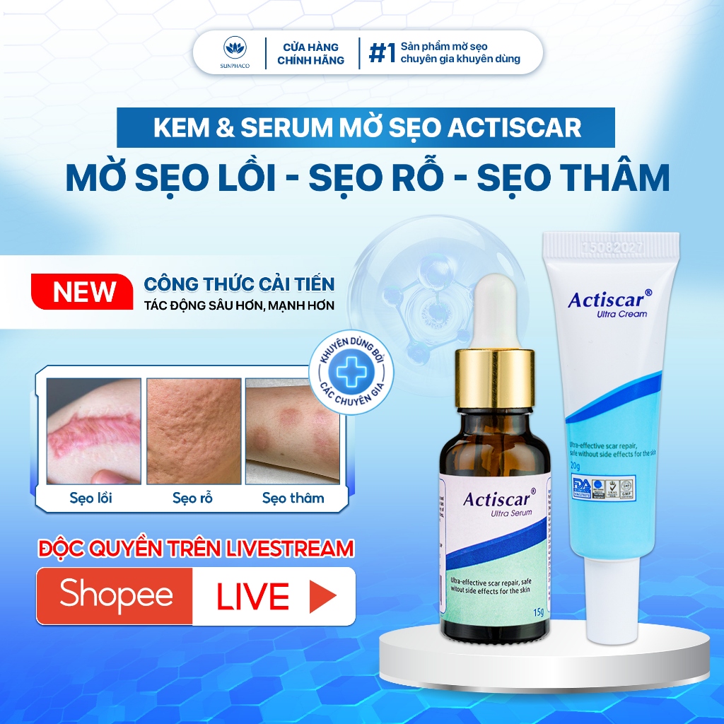 Combo Kem Và Serum Mờ Sẹo Actiscar Làm Mờ Sẹo Lồi, Phì Đại, Sẹo Lõm, Rỗ, Sẹo Phẫu Thuật, Sẹo Thâm