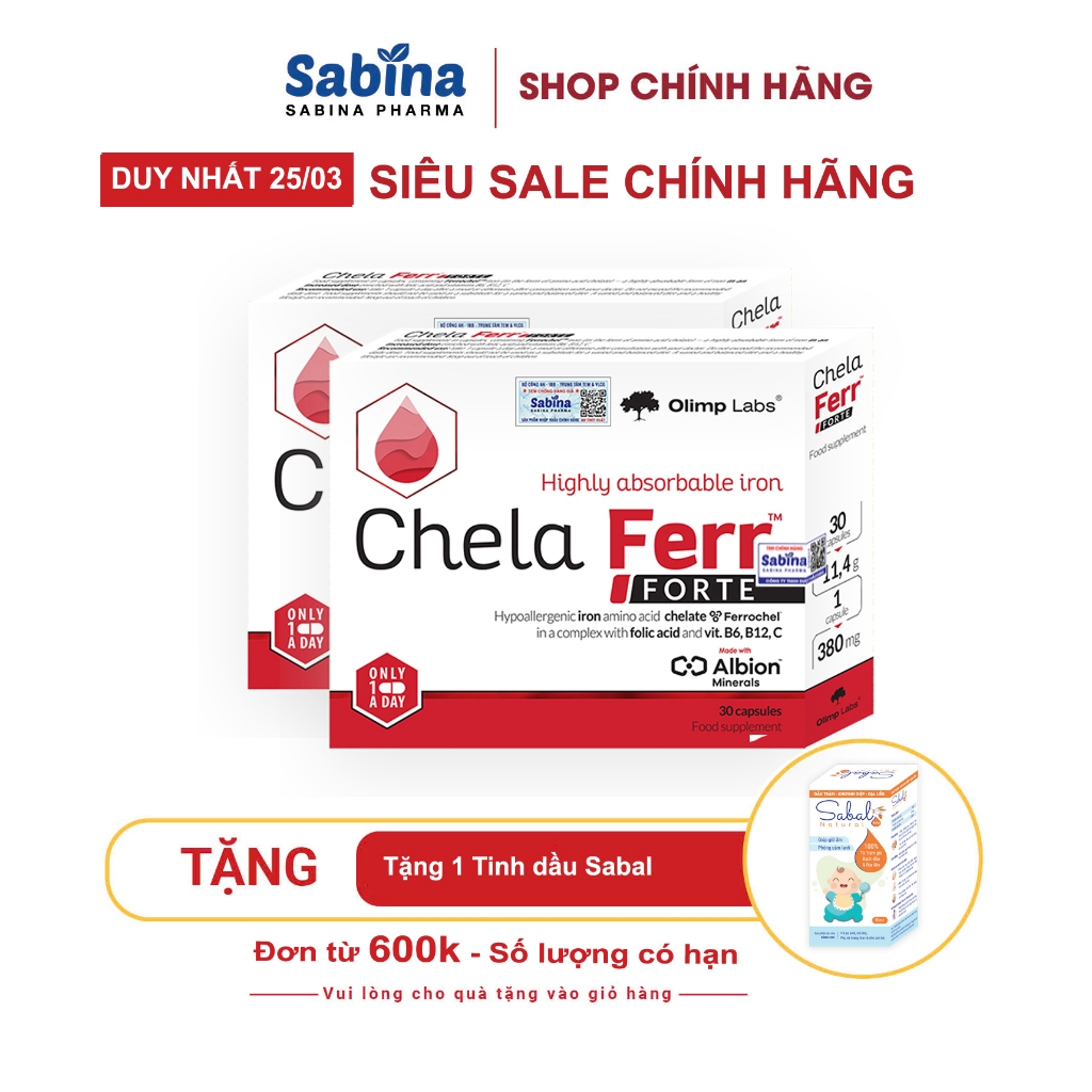 2H sắt Chela-Ferr® Forte (28mg)–Thực phẩm bảo vệ sức khoẻ dùng cho bà bầu, sau sinh và người thiếu máu.11,4g- Olimp Labs