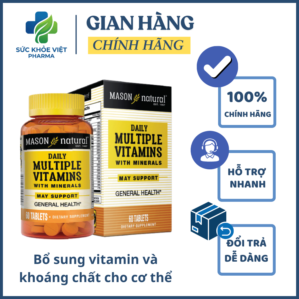 Viên uống Mason Natural Daily Multiple Vitamins With Minerals - Bổ sung vitamin cho cơ thể - Lọ 60v