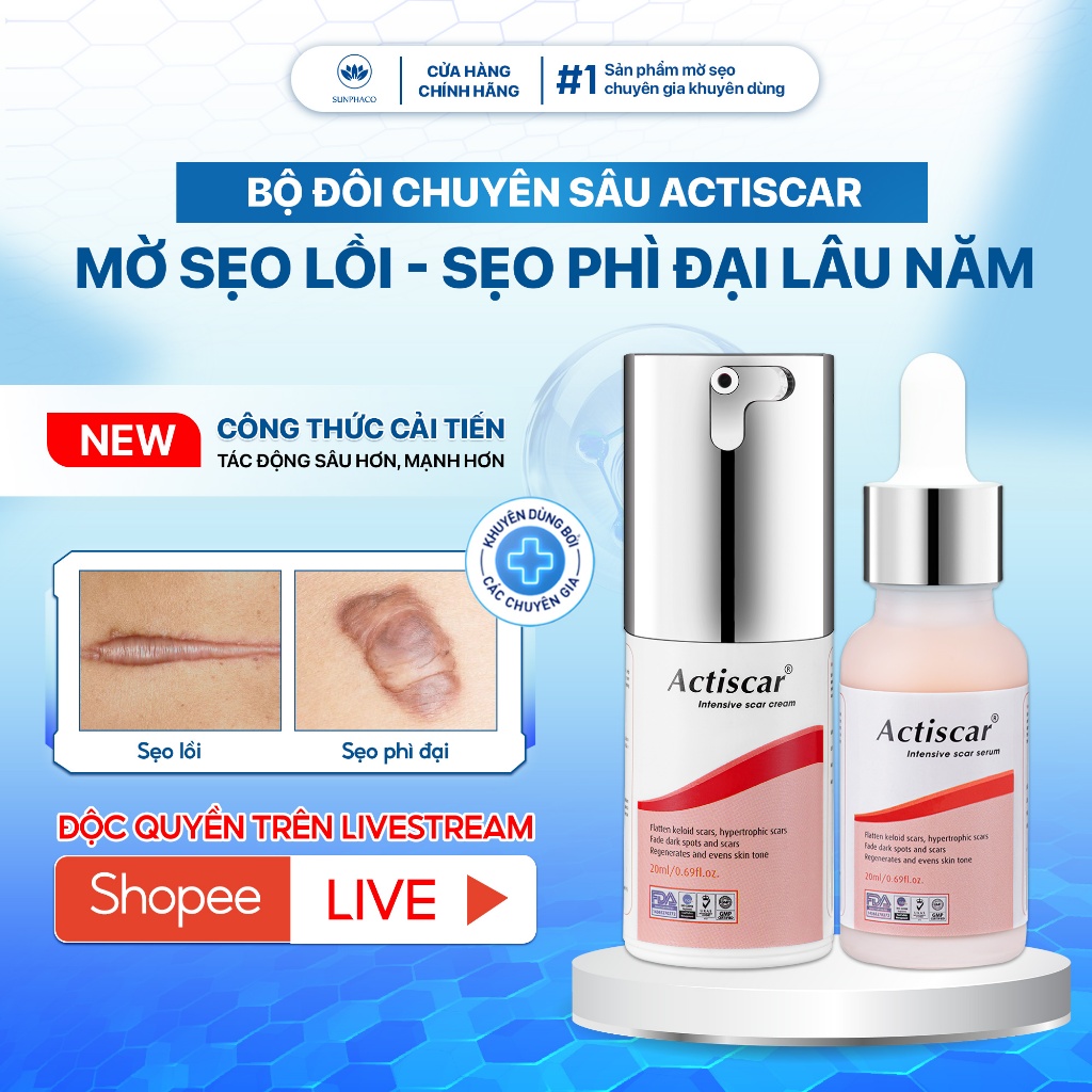 Combo Kem Và Serum Mờ Sẹo Chuyên Sâu Actiscar Giúp Làm Mờ Sẹo Lồi, Sẹo Phì Đại, Sẹo Thâm Lâu Năm