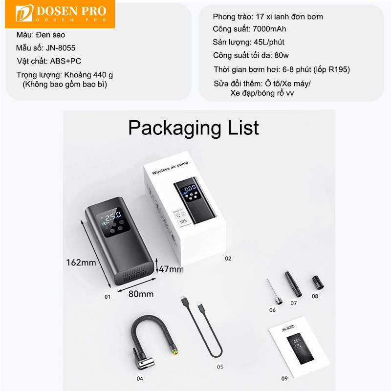 DOSEN Pro Máy bơm hơi lốp với đồng hồ đo áp suất lốp kỹ thuật số và đèn LED, Máy nén khí cho ô tô và xe đạp xe máy | BigBuy360 - bigbuy360.vn