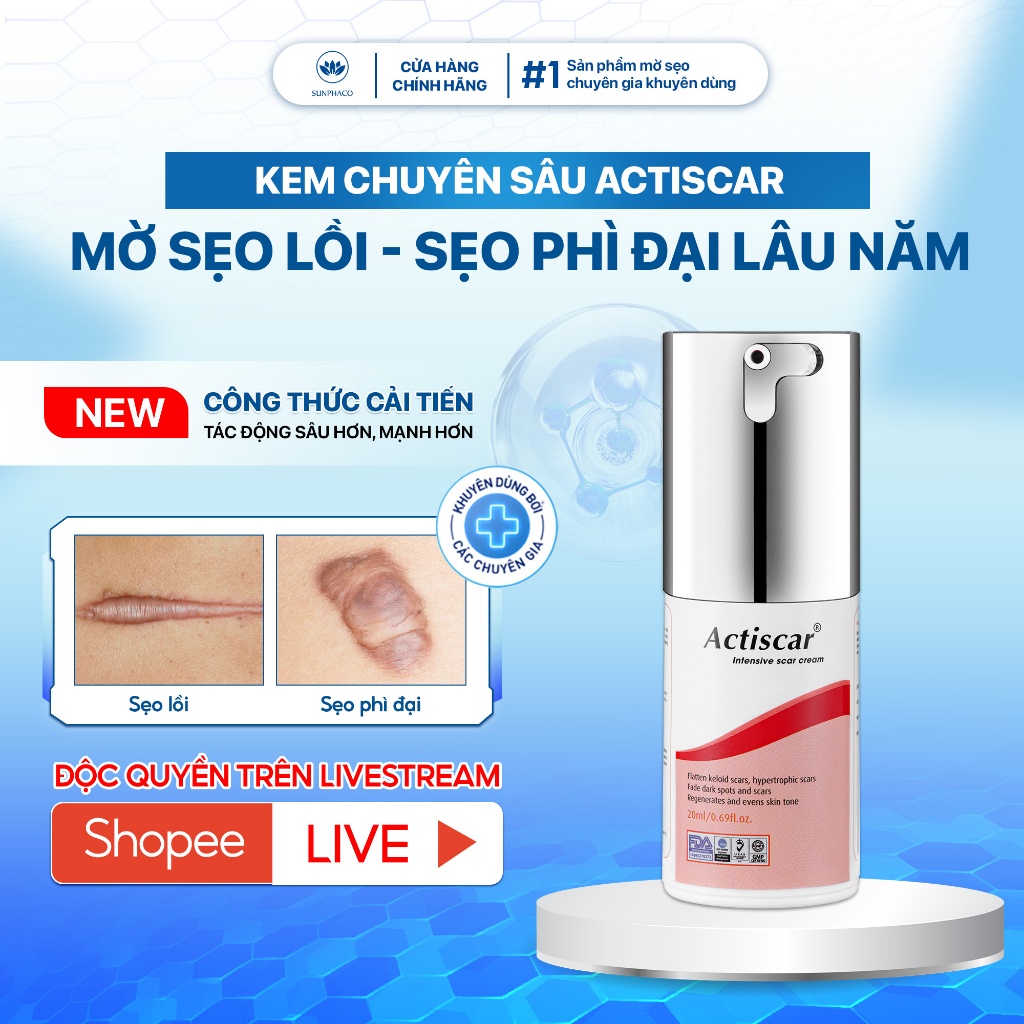Kem Actiscar 20gr Làm Mờ, Làm Giảm Sẹo Lồi To, Sẹo Phình Đại Xử Lý Làm Mềm Sẹo, Phẳng Sẹo