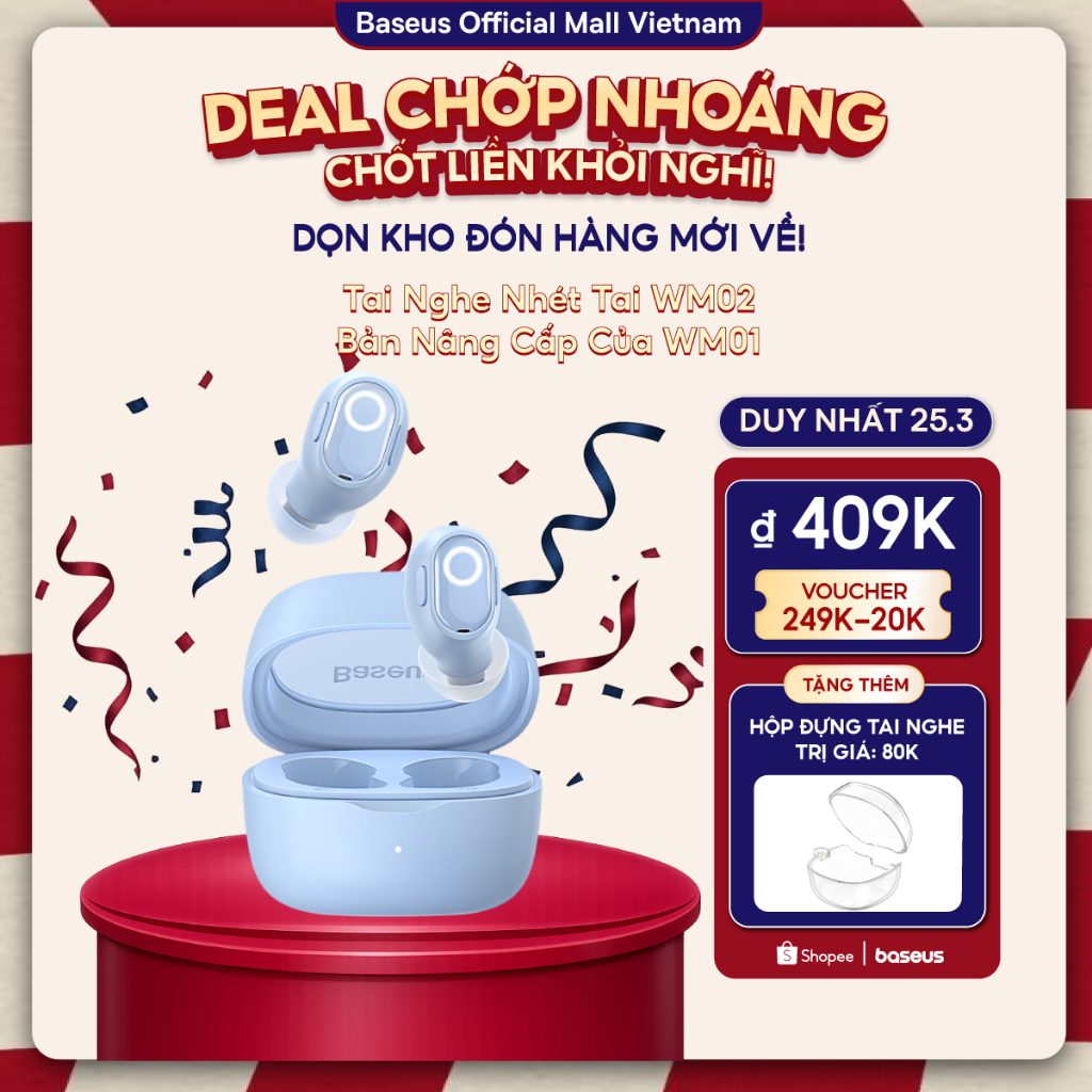 Tai nghe nhét tai không dây BASEUS WM02 bluetooth 5.3 TWS chống ồn thời lượng pin lên đến 25 giờ