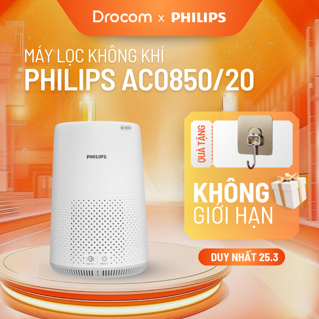 Máy Lọc Không Khí Philips AC0850/20 lọc sạch phòng 49m2 diệt 99% bụi bẩn cảm biến thông minh hiện chất lượng không khí
