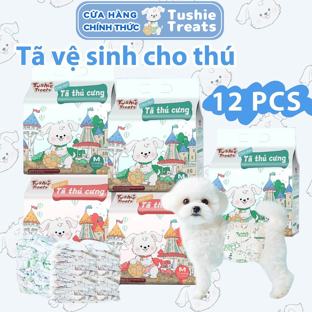 Tushie Treats tã Tã lót cho chó, Siêu thấm, gói 12 miếng, có sẵn cho chó đực và chó cái, size XXS, XS, S, M, L, XL