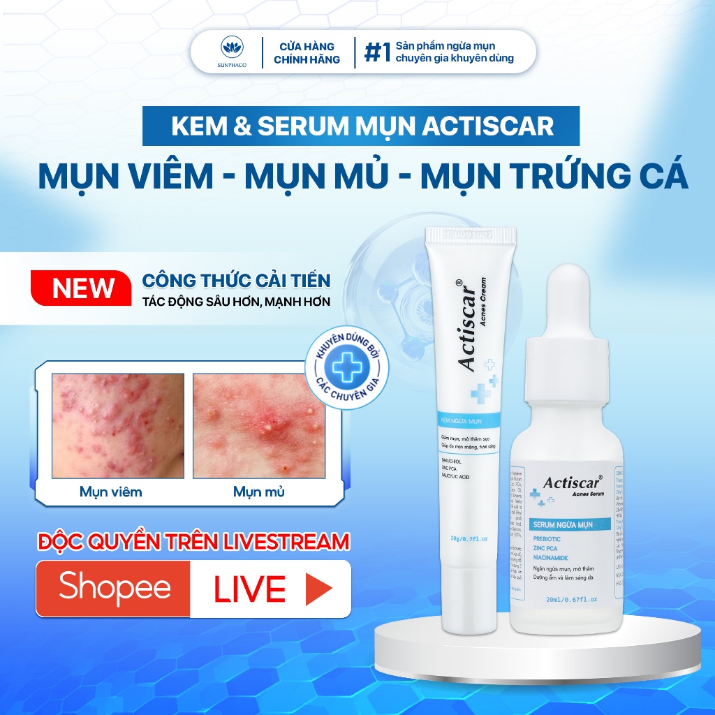 Kem serum và miếng dán mụn Actiscar Acnes giúp gom cồi , giảm sưng viêm, ngăn ngừa mụn và làm dịu da