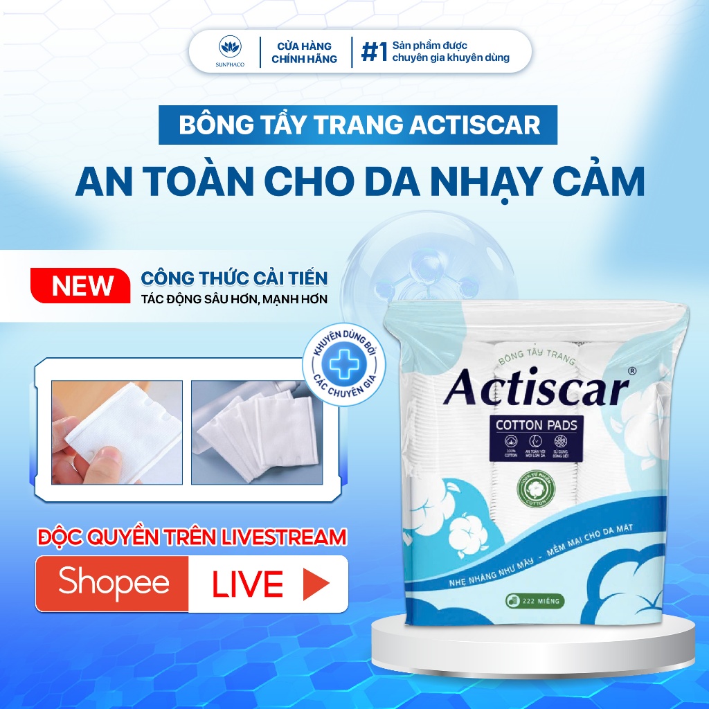 Bông Tẩy Trang Actiscar 3 Lớp Kháng Khuẩn, Mềm Mịn Chuyên Biệt Cho Da Nhạy Cảm 222 Miếng