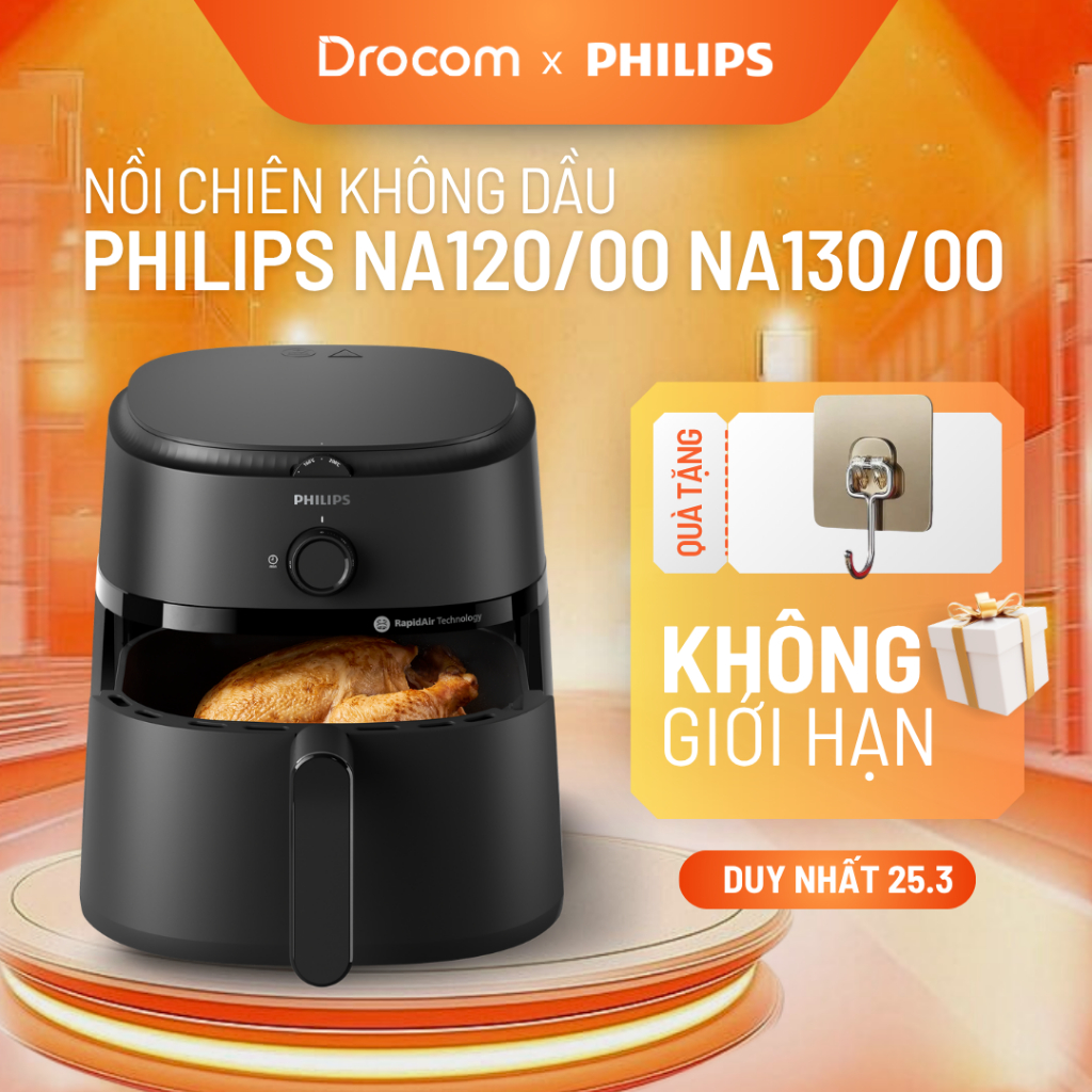 Nồi Chiên Không Dầu Philips 4.2L NA120/00 NA130/00 6.2L 1700W công nghệ làm nóng Rapid Air nướng cả con gà thao tác dễ