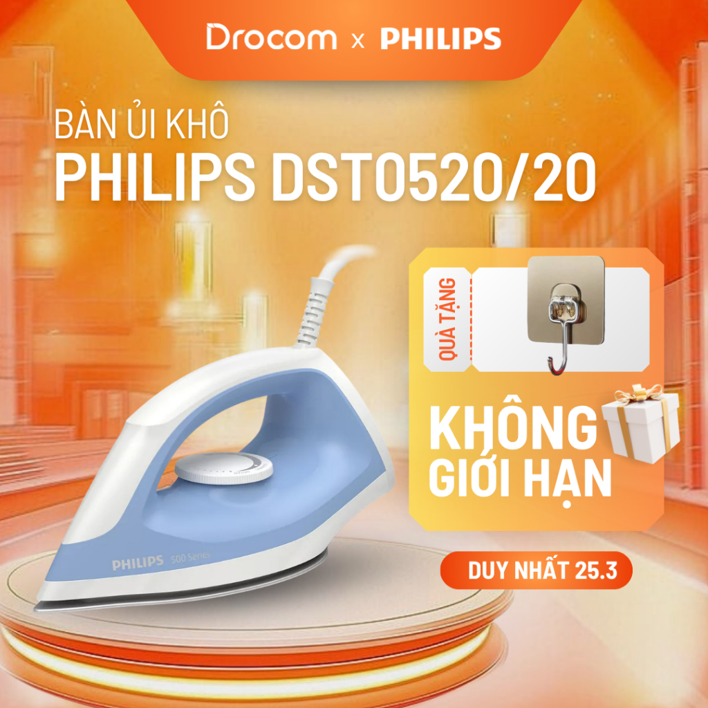 Bàn ủi khô Philips DST0520/20 bàn là quần áo công suất 1200W mặt đế chống dính có điều khiển nhiệt độ