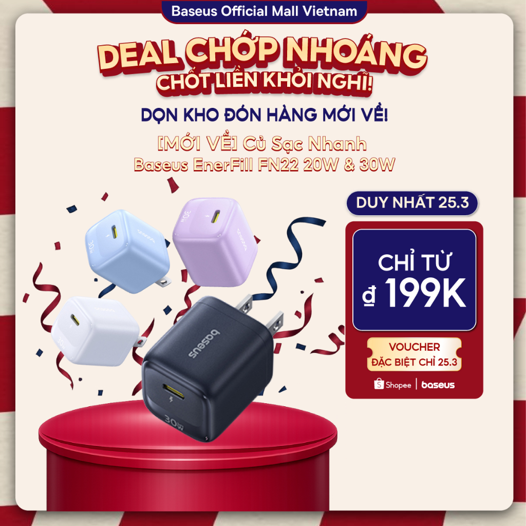 Củ Sạc Nhanh Baseus EnerFill FN22 20W & 30W GaN USB-C PD 3.0 – Nhỏ Hơn 30%, Sạc Nhanh Thần Tốc Gấp 1
