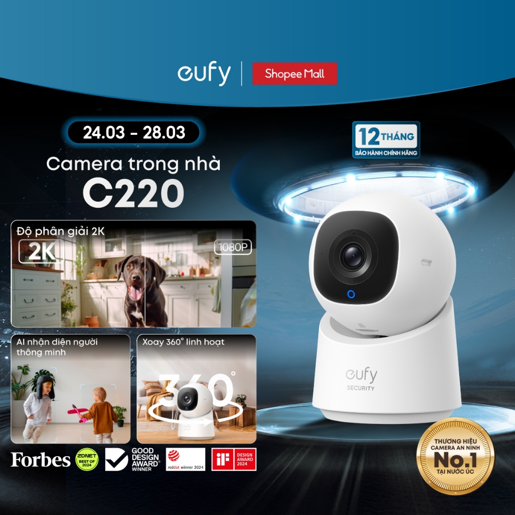 Camera trong nhà Eufy Indoor C220 | 2K rõ nét | AI tracking | Cảnh báo qua app - Hàng chính hãng - B