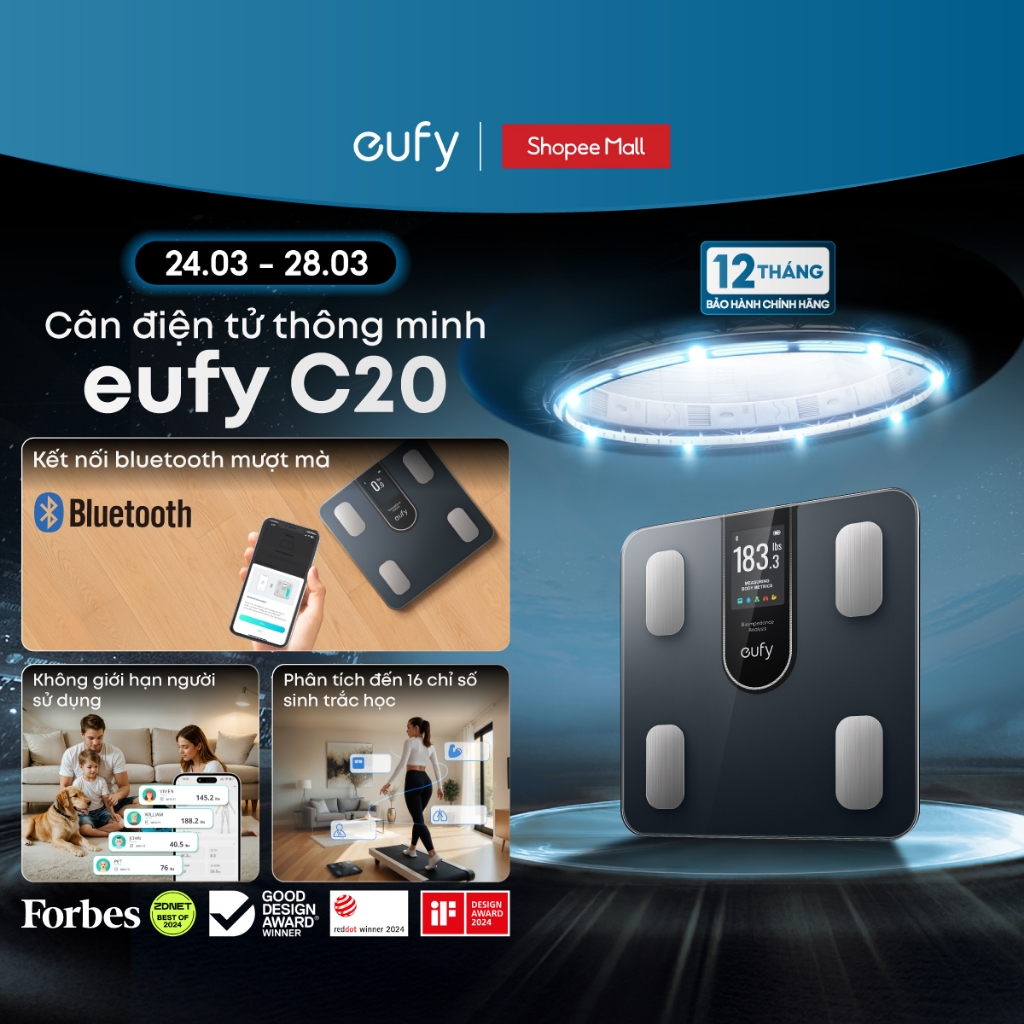 Cân điện tử thông minh eufy C20 | Màn hình trực quan | Không giới hạn hồ sơ cá nhân - Hàng chính hãn