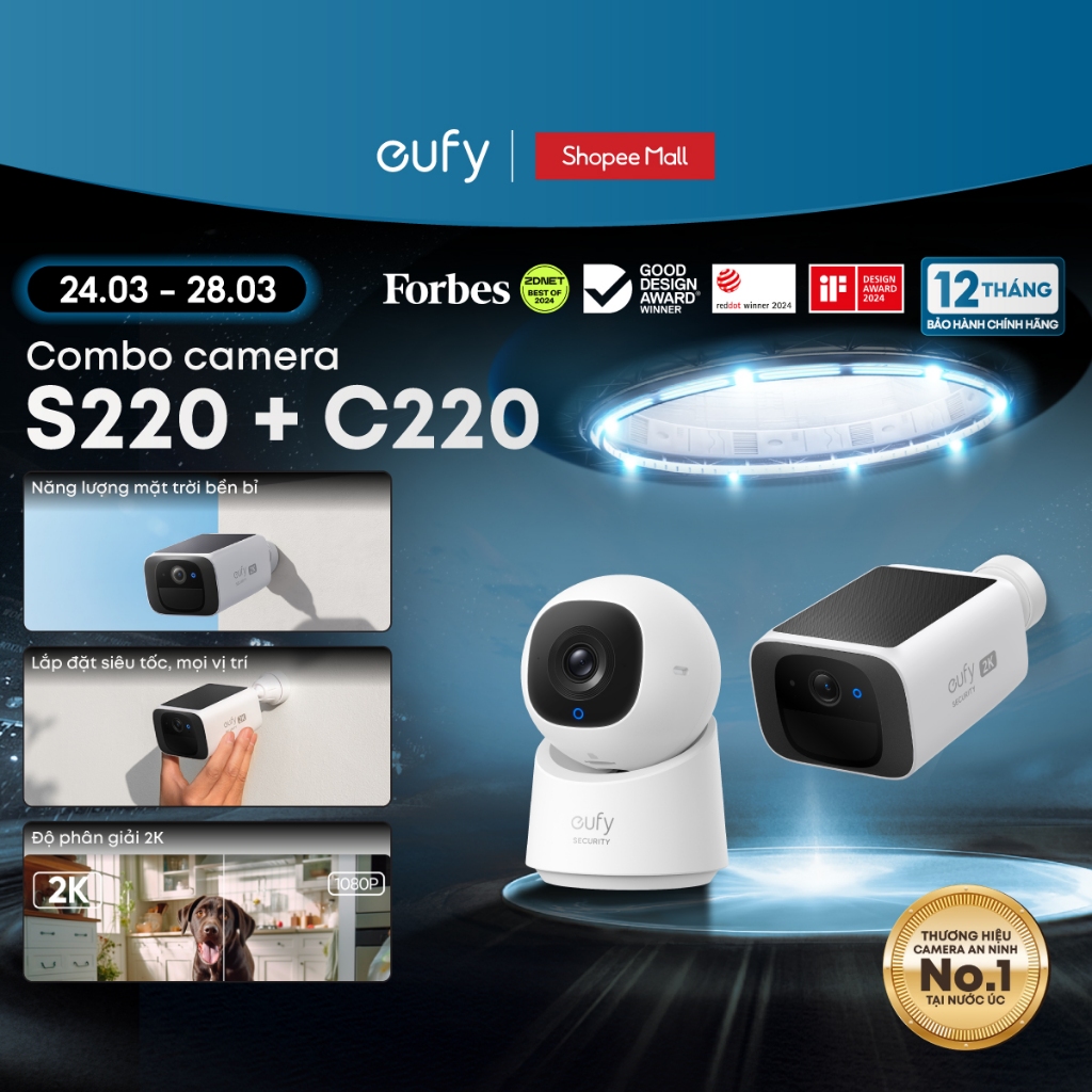 Combo Camera Eufy ngoài trời SoloCam S220 + Camera trong nhà C220 - Hàng chính hãng - Bảo hành 12 th