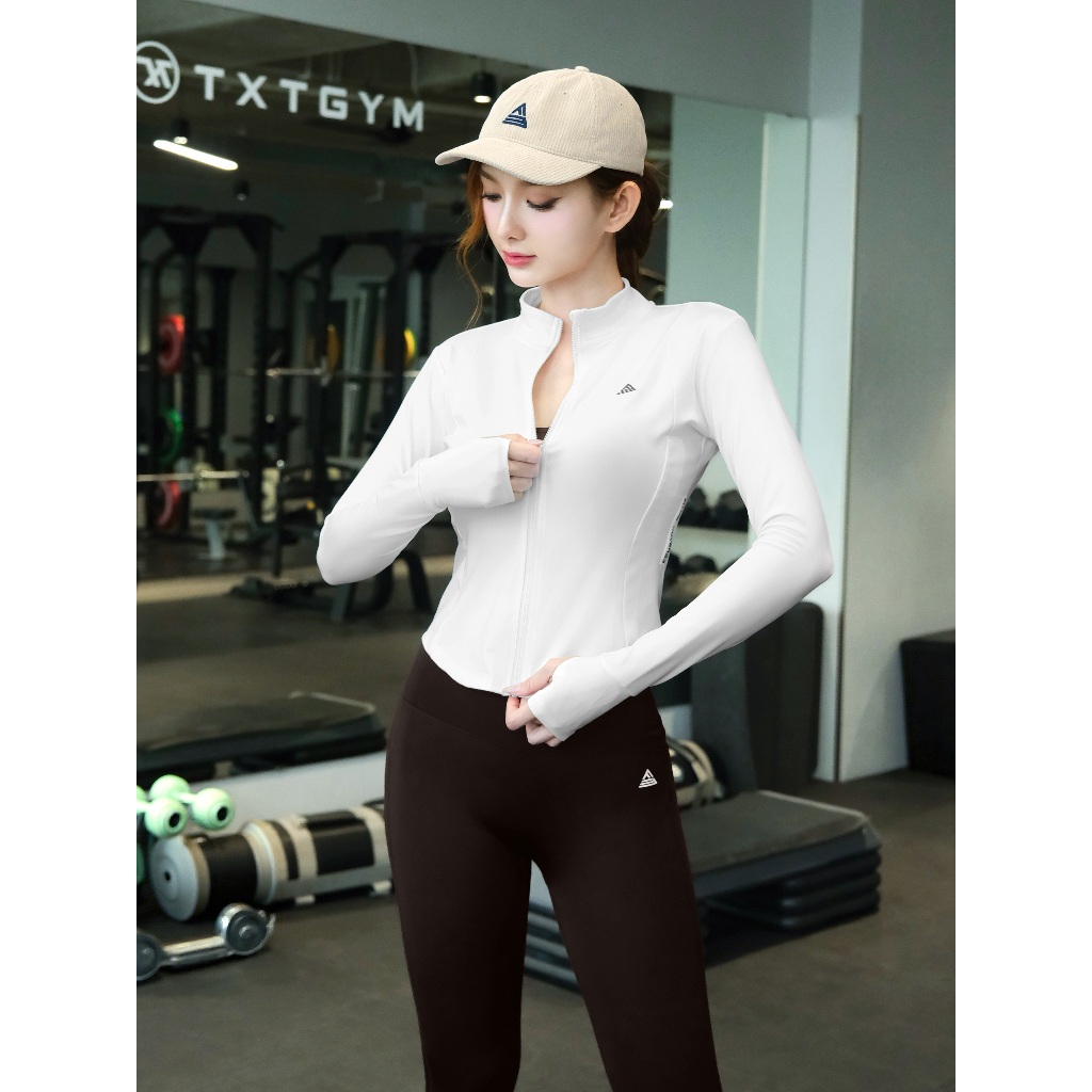 Bộ đồ tập gym yoga Fitme khoác fullzip Trắng quần legging dài zeta Espresso