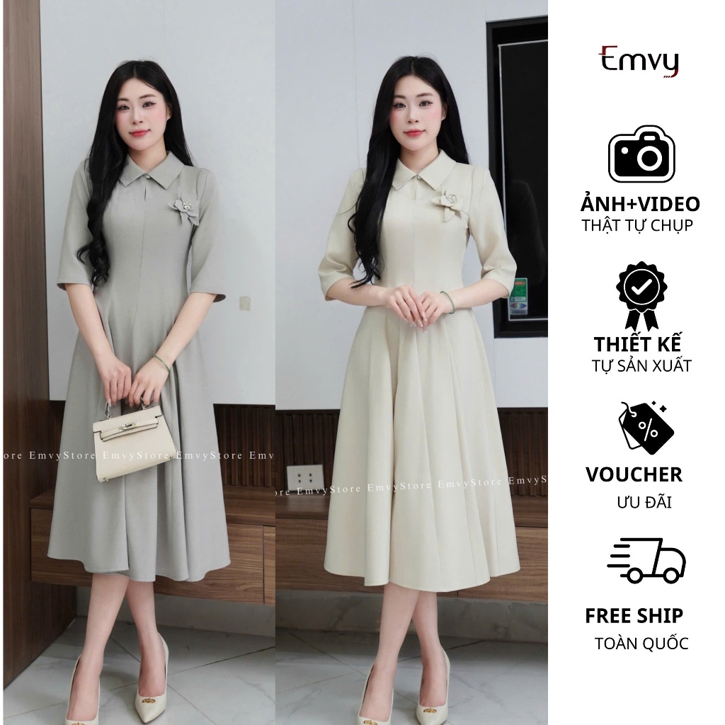 Đầm công sở thiết kế cổ sơ mi đính nơ sang trọng, Đầm công sở dáng dài Emvy Fashion K78