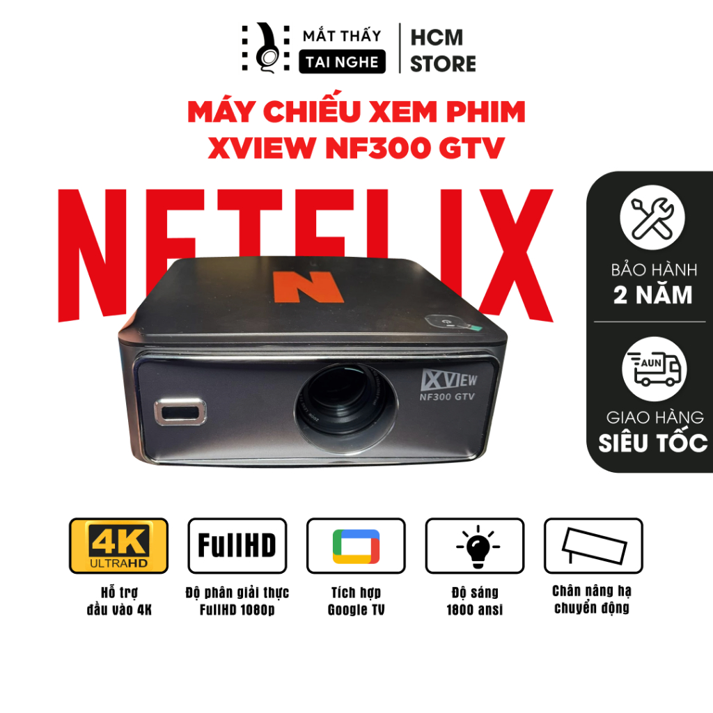 Xview NF300 GTV - Máy chiếu thông minh có NETFLIX chính chủ, GoogleTV - Độ nét Full HD - Độ sáng 1800 ansi