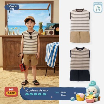 Bộ cộc tay cho bé Mompa sát nách 1-5 tuổi vải Cotton Actif co giãn thấm hút nhanh khô MP 0422