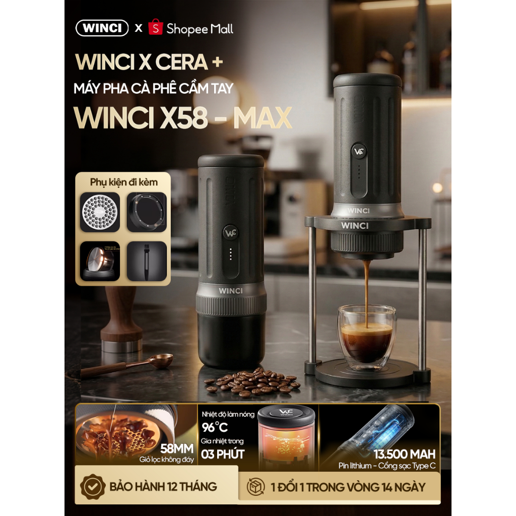 [CÓ VAT] WINCI & CERA+, Máy pha cà phê cầm tay Winci X58 - Max, giỏ lọc 58mm, áp suất 20Bar