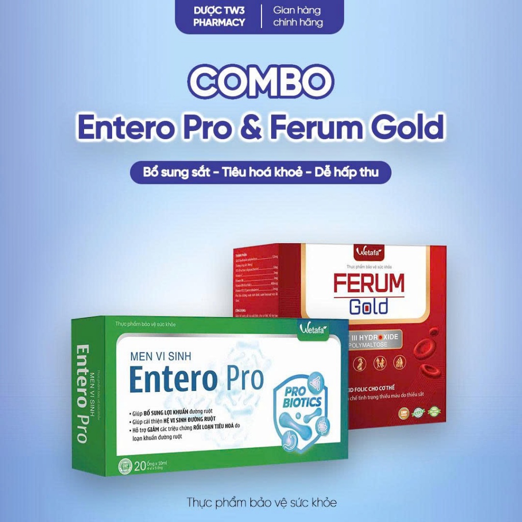Combo 1 hộp men vi sinh ENTERO PRO + 1 hộp sắt FERUM GOLD giúp bổ sung sắt, hỗ trợ hệ tiêu hoá