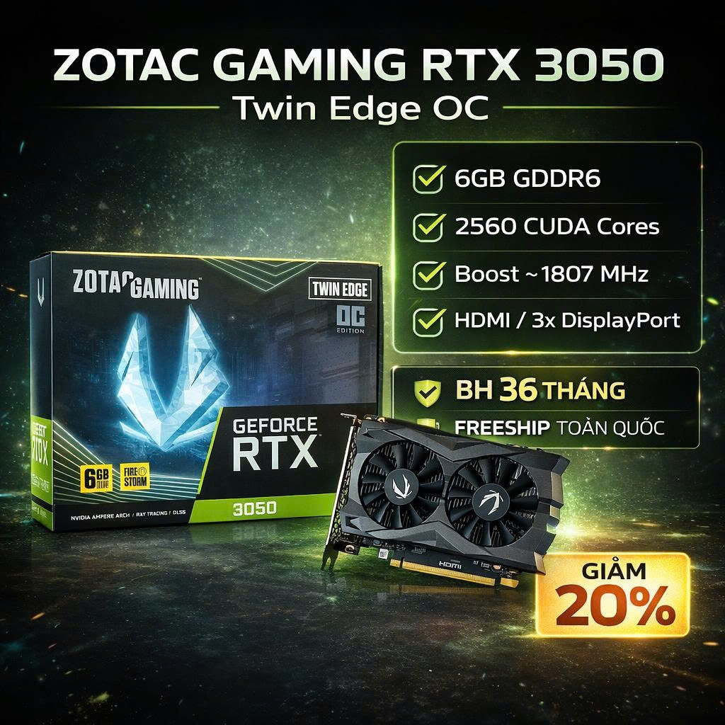 VGA card đồ họa Zotac Gaming RTX 3050 6G D6 2F Twin Edge OC new chính hãng FULL VAT - BH 36 tháng