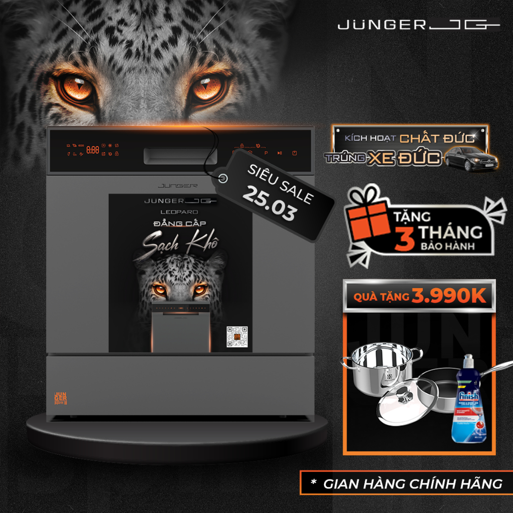 [TẶNG 2 QUÀ + LẮP 0Đ] Máy Rửa Chén Bát JUNGER JG Leopard DWJ-103, 12-13 Bộ, Diệt Khuẩn UV, BH 7 năm Sạch Khô Tuyệt Đối