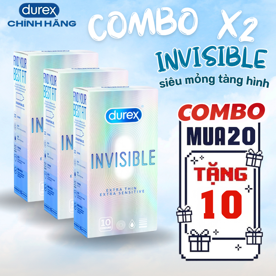 Combo 20 Chiếc Durex Invisible Phiên Bản Mới Siêu Mỏng Nhiều Gel Bôi Trơn Chính Hãng