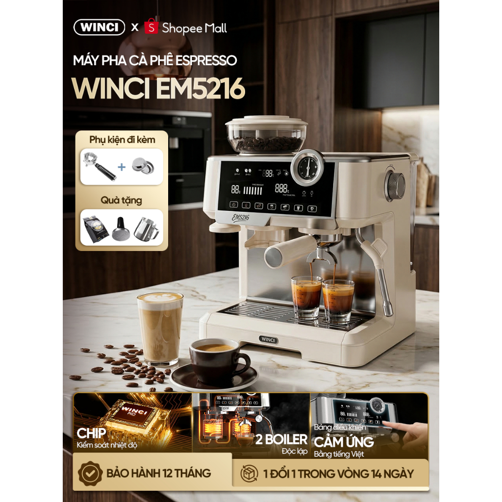 [Bao Gồm VAT] Máy pha cà phê tích hợp máy xay Winci EM5216, Màn hình cảm ứng, Bảo hành 1 năm.