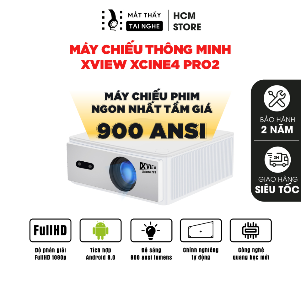 Xview Xcine4 Pro2 - Máy chiếu thông minh độ sáng cao 900 Ansi, tự động căn góc, tự động lấy nét, hạn chế mờ viền