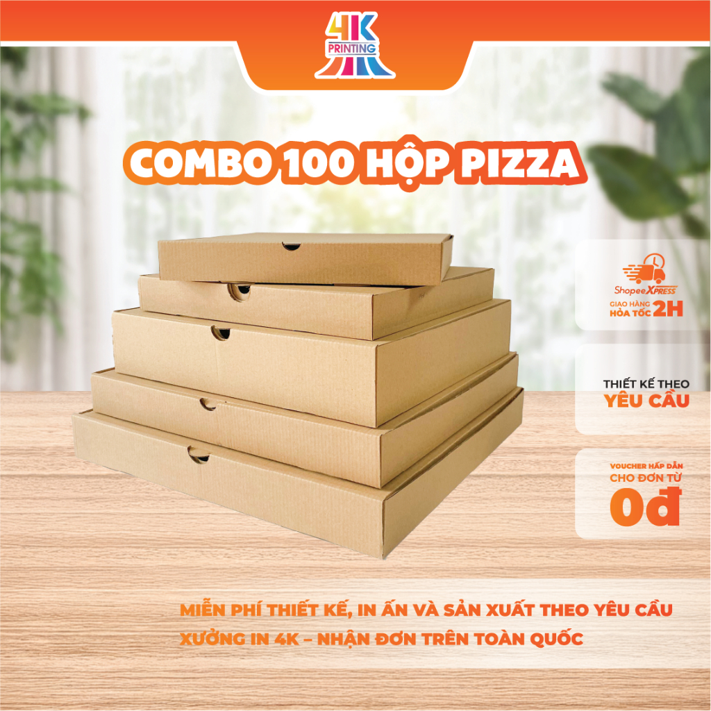 [ Combo 100 ] Hộp đựng Pizza đủ size, Hộp giấy Pizza 4KPRINT, chất liệu cứng cáp, an toàn vệ sinh th