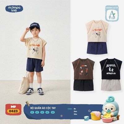 Bộ cộc tay cho bé Mompa sát nách 1-5 tuổi vải Cotton Actif co giãn thấm hút nhanh khô MP 0423