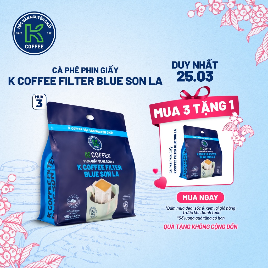Cà Phê Phin Giấy 100% cà phê Arabica K Coffee Filter Blue Son La 450G  - Thương Hiệu K COFFEE