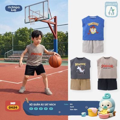Bộ cộc tay cho bé Mompa sát nách 1-5 tuổi vải Cotton Actif co giãn thấm hút nhanh khô MP 0424
