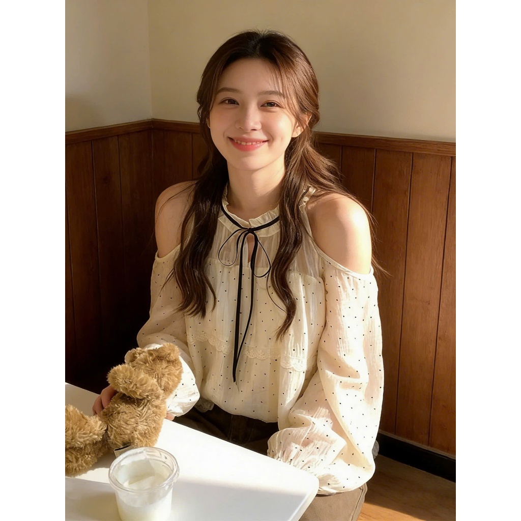 Áo sơ mi ren chấm bi YUMMY phối nơ đen, Áo trễ vai cổ bèo tay phồng phong cách thanh lịch A78 | BigBuy360 - bigbuy360.vn
