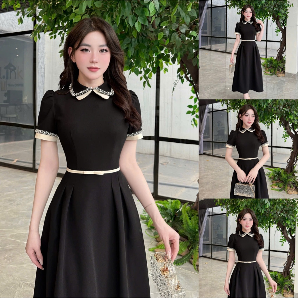 2TY07- Váy Thiết Kế Eviici dành cho nữ,thiết kế cổ kép phối viền đá tạo điểm nhấn, dáng A xòe dài