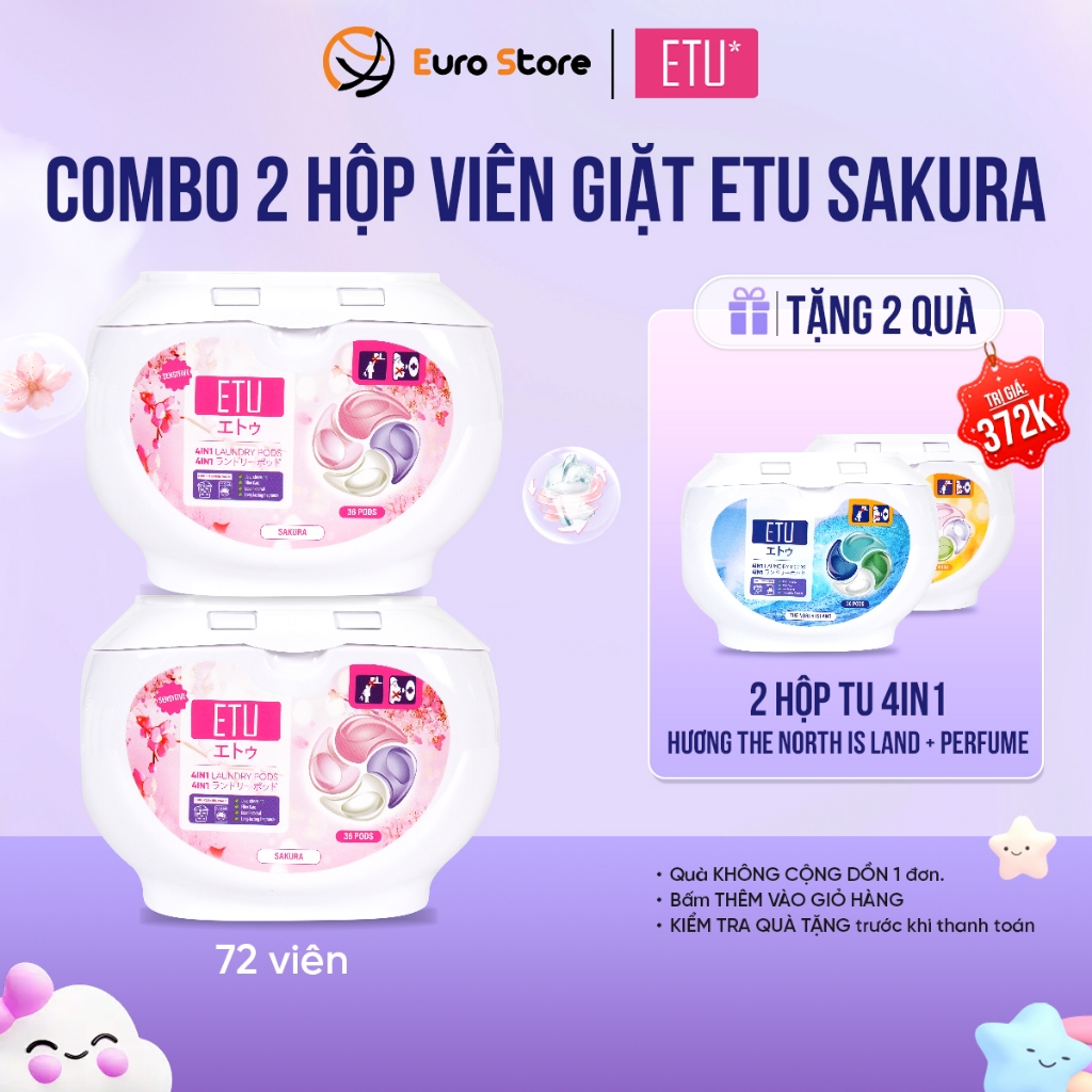 COMBO 2 Hộp Viên Giặt ETU 4 IN1 K Chất Huỳnh Quang, Nước giặt đồ em bé Euro Store Hương Sakura