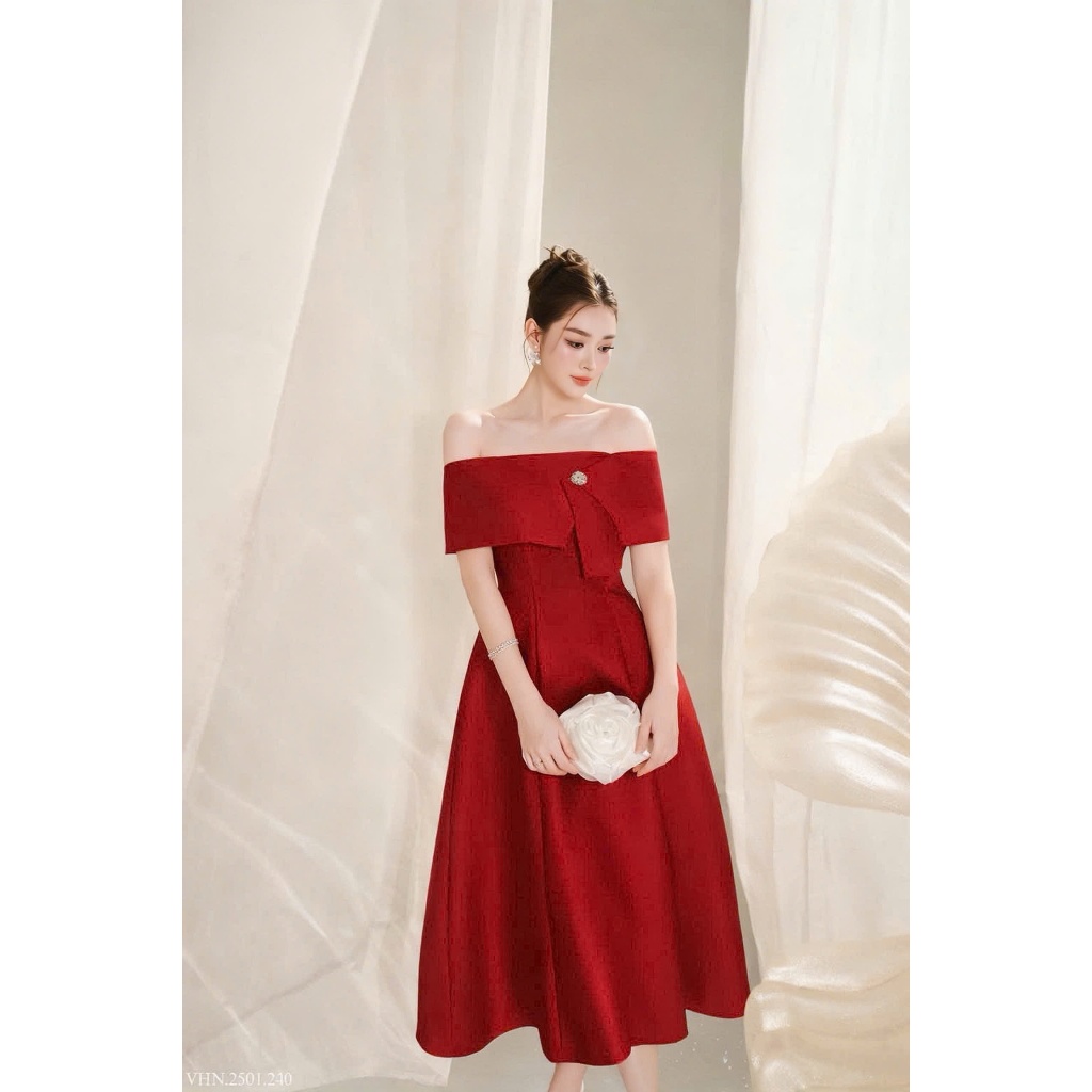 Đầm Đỏ Dự Tiệc Lệch Vai H190 (Kèm Tag) Dáng Xoè Trễ Vai Mặc Đi Cưới Đi Tiệc Đi Chơi - Akara Closet