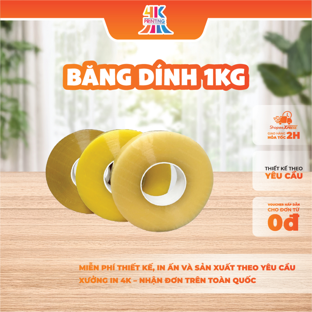 [ Combo 2 ]Băng dính 1kg trắng trong, đục và vàng lõi mỏng bám dính tốt chất lượng_4KPRINT