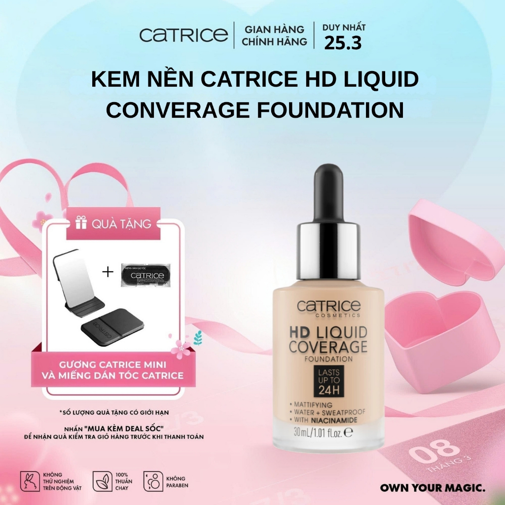 Kem nền Catrice HD Liquid Coverage Foundation che phủ tự nhiên tạo độ mịn màng cho da 30ml