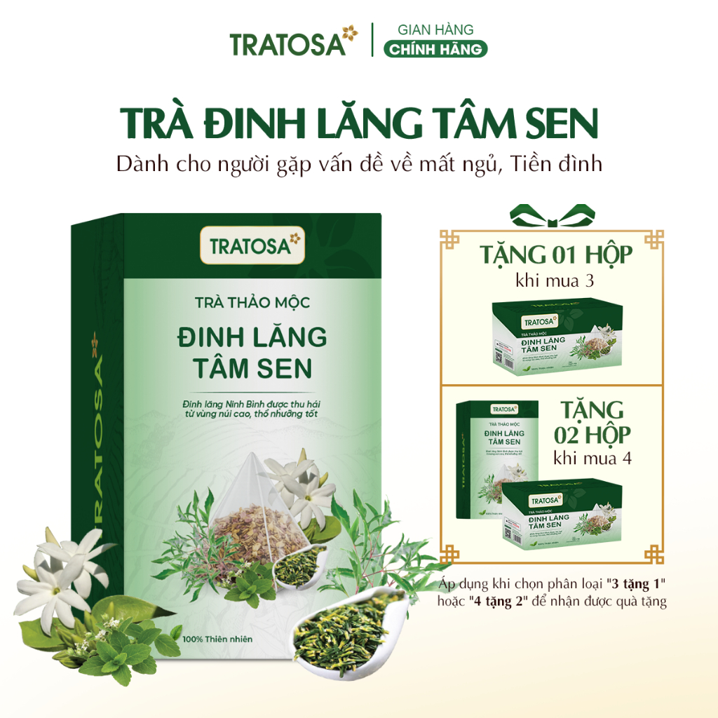 Trà đinh lăng tâm sen TRATOSA 6 vị thảo dược tốt cho giấc ngủ ngon, tiền đình an toàn từ thiên nhiên