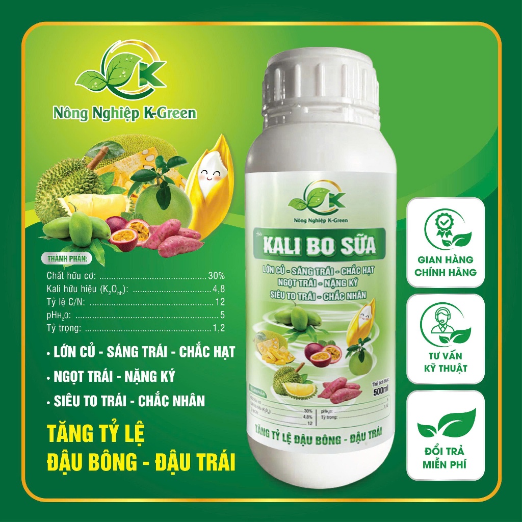 PHÂN BÓN KALI BO SỮA HỮU CƠ | Siêu to trái – Dưỡng ngọt – Chắc hạt – Tăng tỷ lệ đậu trái | Chai 500m