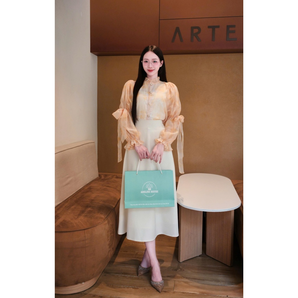 Adeline House - Set áo hoa cam nơ phối chân váy thanh lịch
