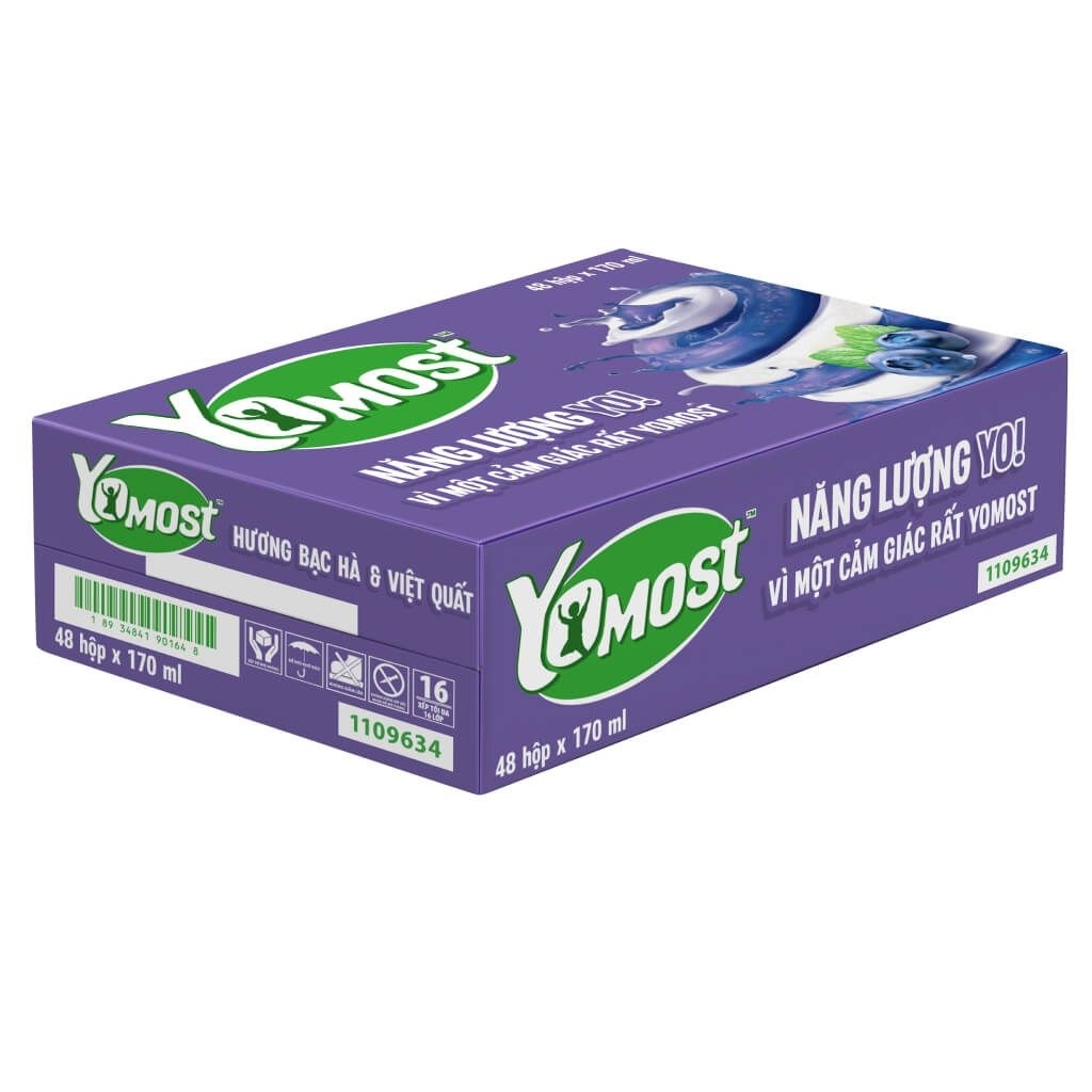 Thùng 48 hộp sữa chua uống hương bạc hà và việt quất YoMost 170ml