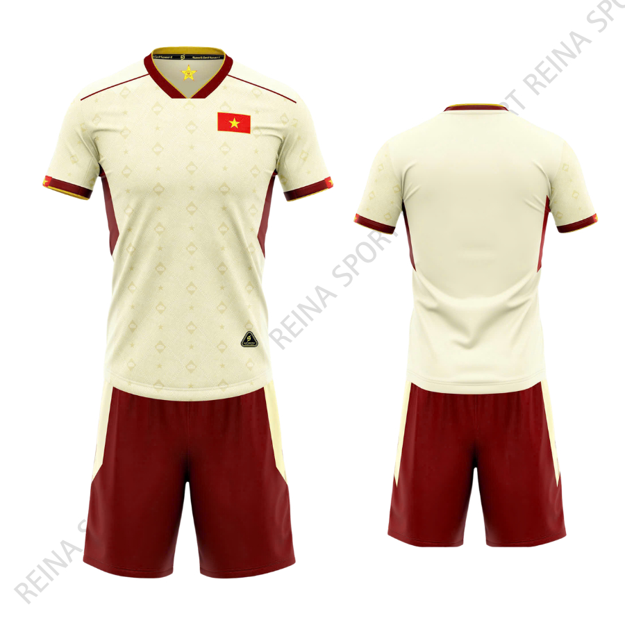Quần Áo Bóng Đá tuyển Việt Nam kem - Vải mè SV- In Tên Số Theo Yêu Cầu REINA SPORT
