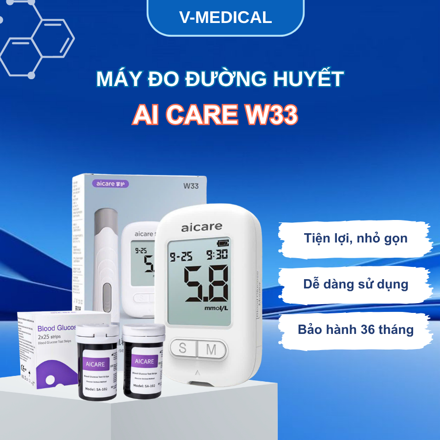 Máy đo đường huyết Aicare W33 chính hãng, kèm bút chích máu + 25 que test + 50 que lấy máu