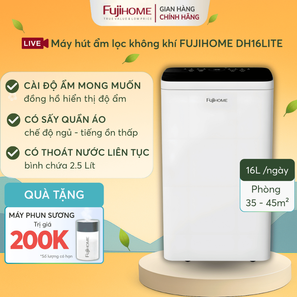 Máy hút ẩm chống nồm Nhập Khẩu FUJIHOME DH16LITE, máy hút ẩm 16L/ngày phòng 20-26m² tiết kiệm điện