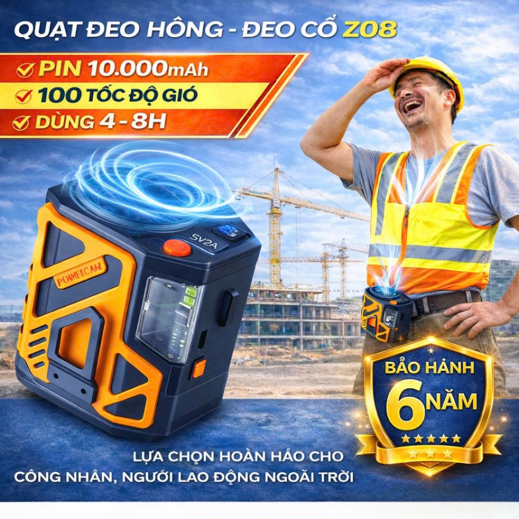 Quạt Điều Hòa Đeo Hông, Quạt Đeo Thắt Lưng Pin 10.000mAh Sử Dụng 5-8h Có Cổng Sạc Dự Phòng, Đèn Pin