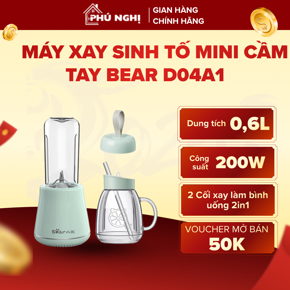 [MÃ 50K MỞ BÁN] Máy Xay Sinh Tố Mini Cầm Tay BEAR D04A1 Dung Tích 600ml, 2 Cối Xay làm Bình Uống 2in